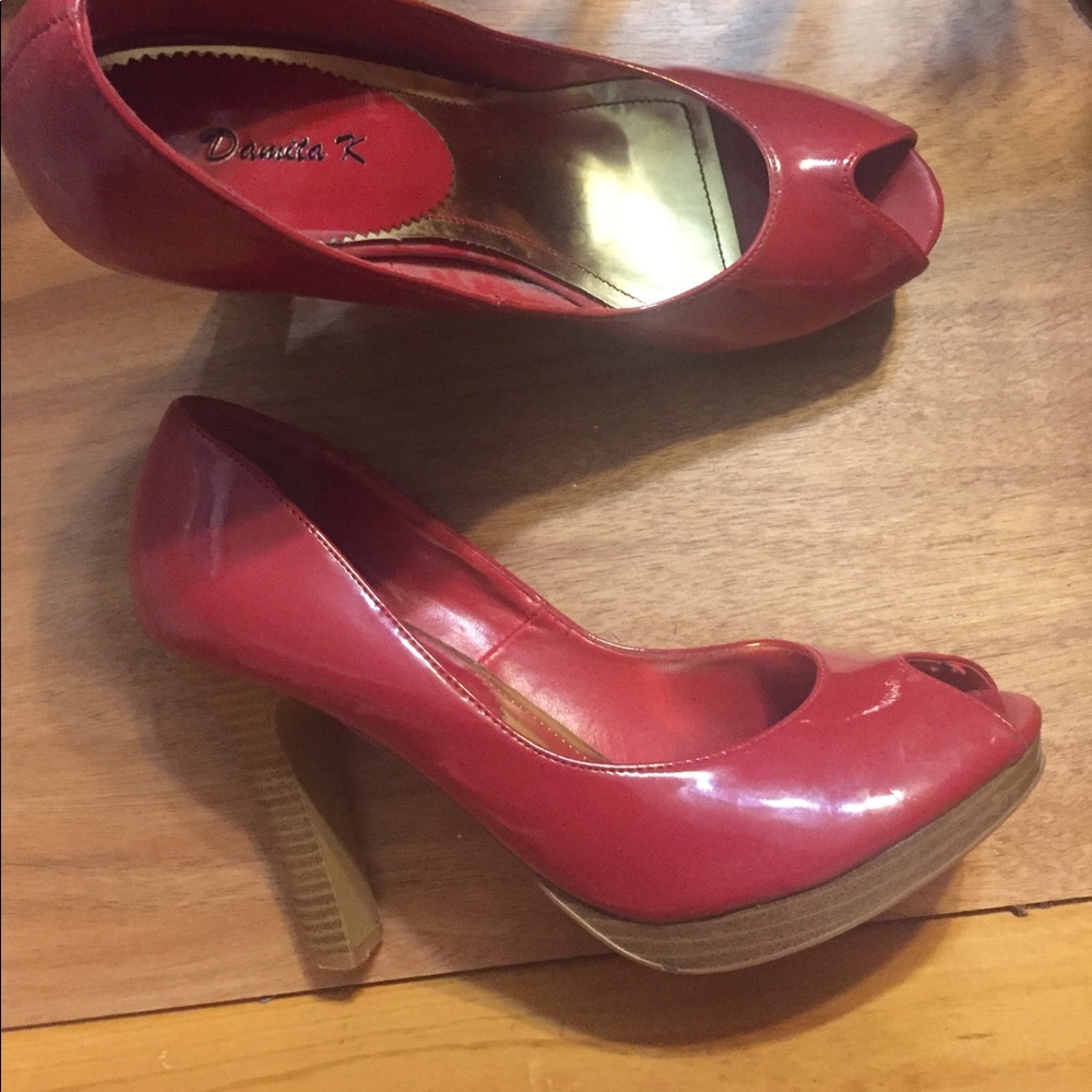 Red peep toe pumps